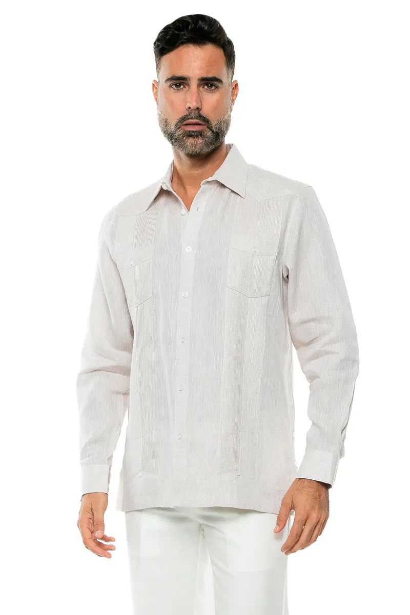 100% Linen Yarn Dye Guayabera Shirt Long Sleeve / M-2533-Natural