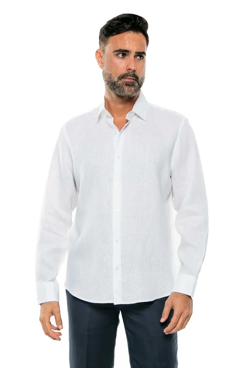 100% Linen Yarn Dye Guayabera Shirt Long Sleeve / M-2548-Yarndye-White