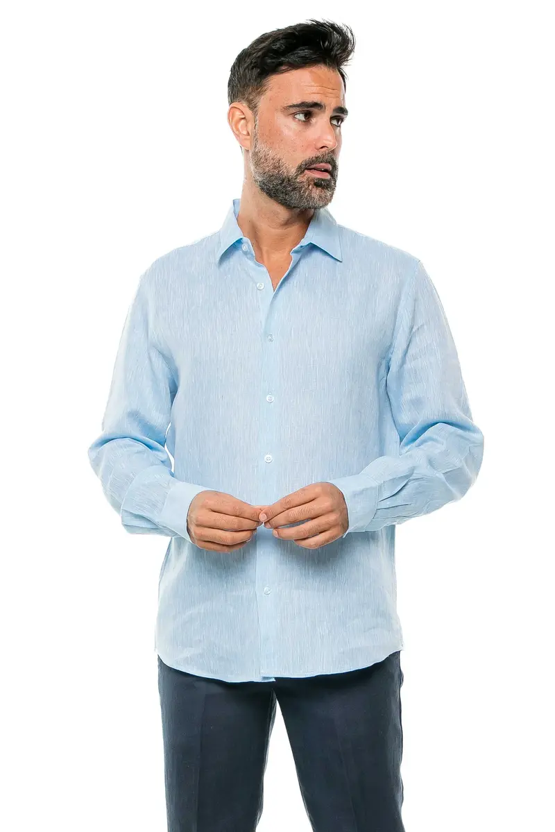 100% Linen Yarn Dye LT-Blue Guayabera Shirt Long Sleeve / M-2548-Yarndye-LT-Blue