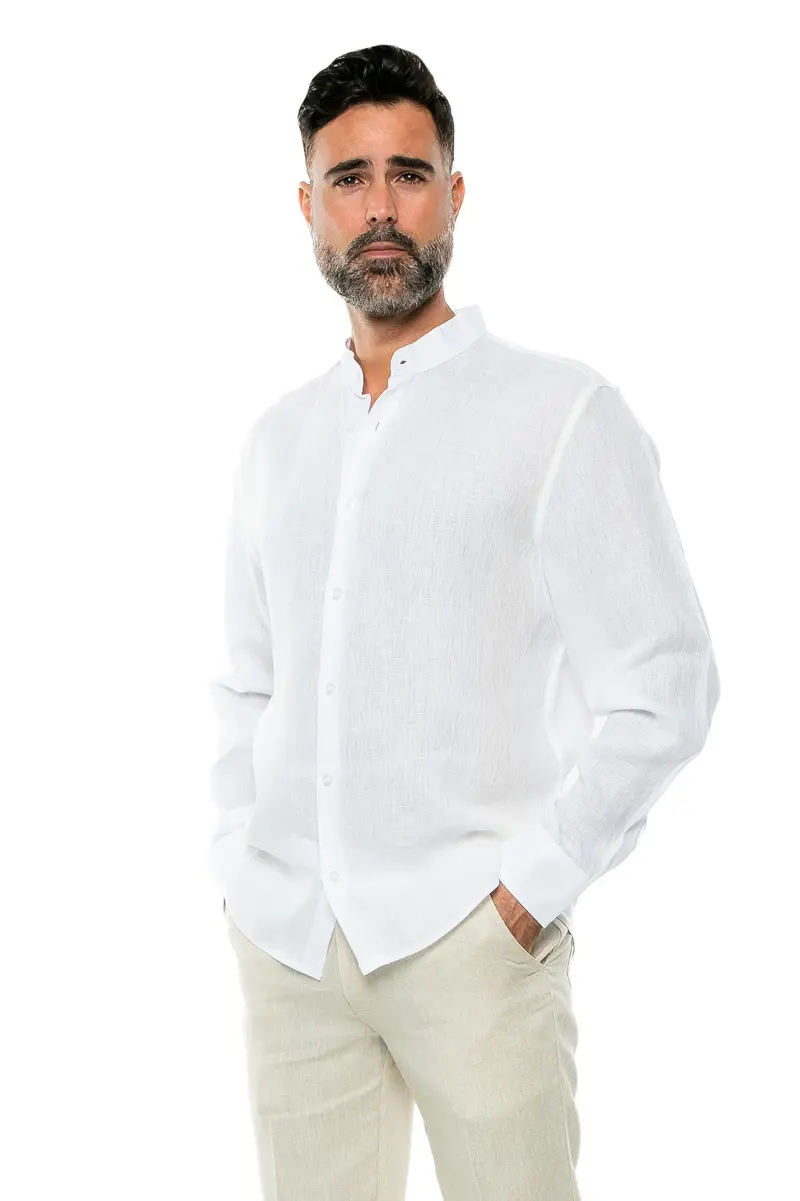 100% Linen Yarn Dye Mens Mandarin Collar Shirt Long Sleeve / M-2527-RX-White
