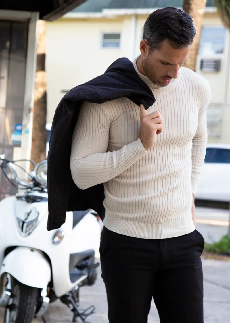 215101 Beige Ribbed Turtleneck Sweater