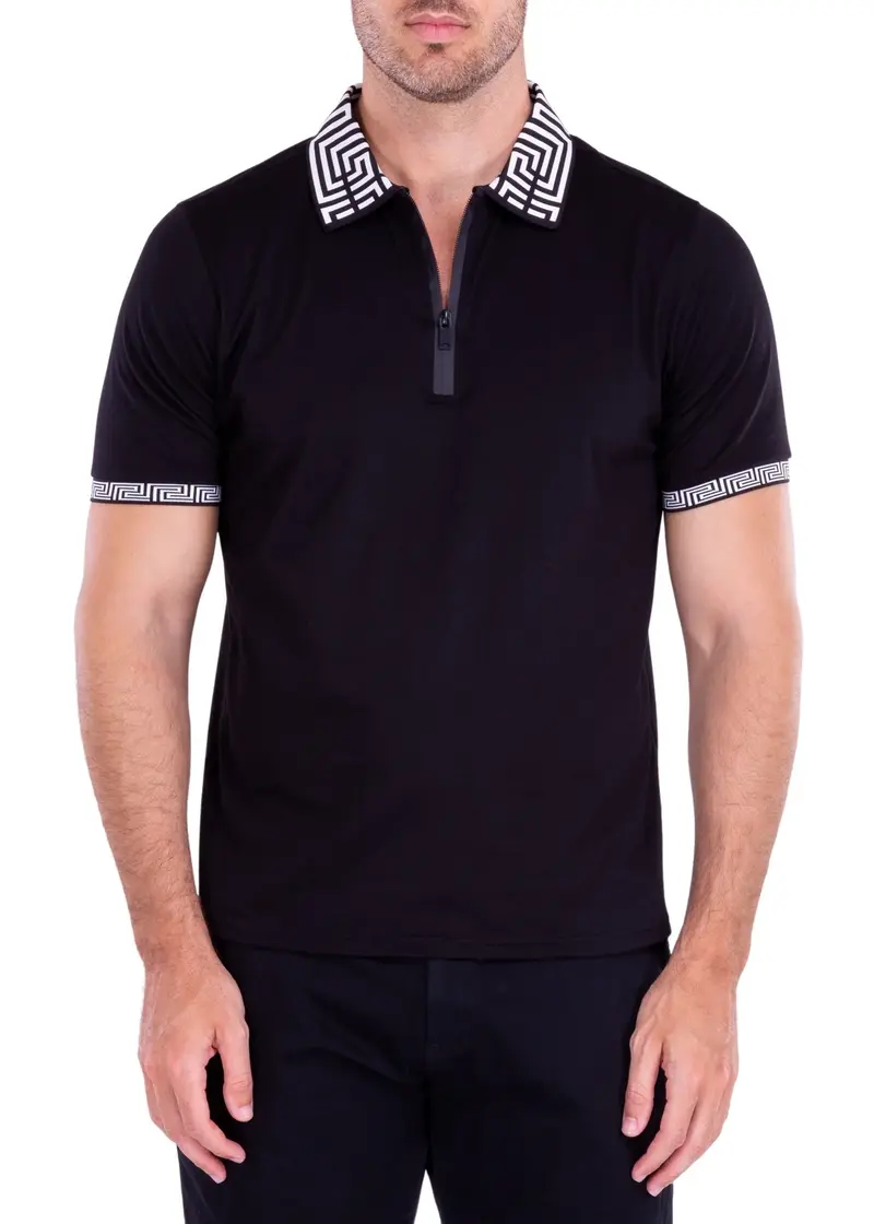 221801 Black Greek Key Trim Zipper Polo Shirt Solid