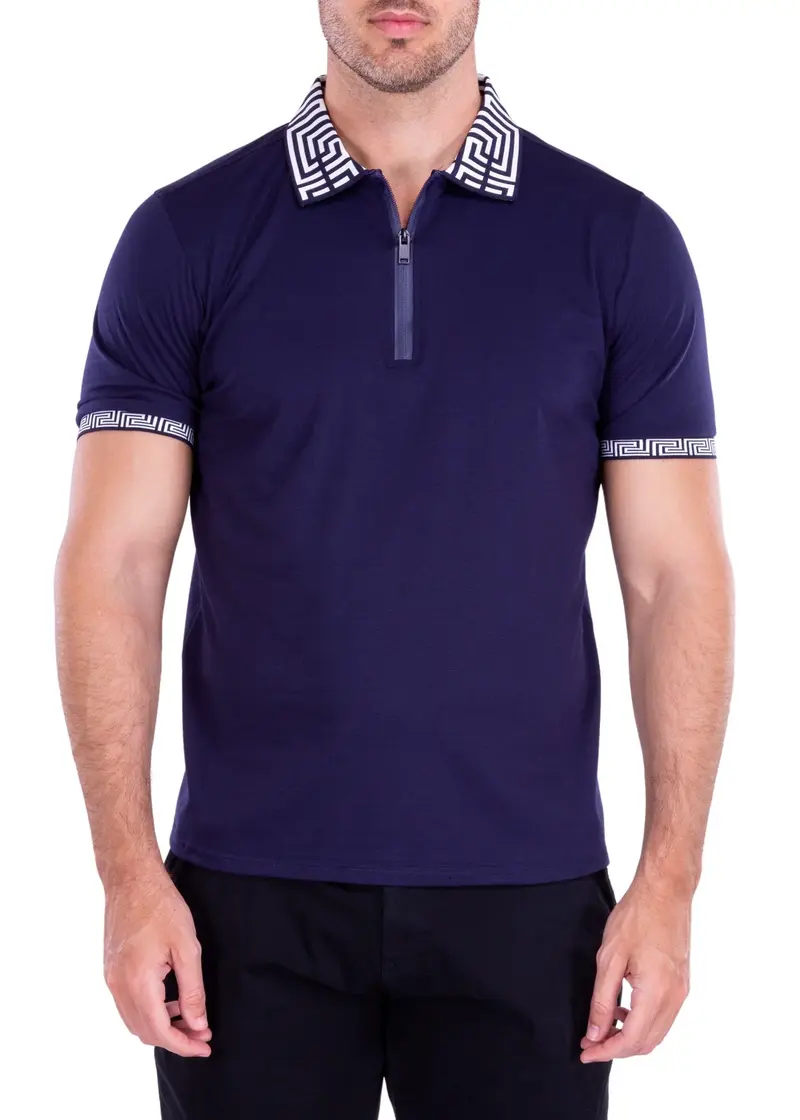 221801 Navy Greek Key Trim Zipper Polo Shirt Solid