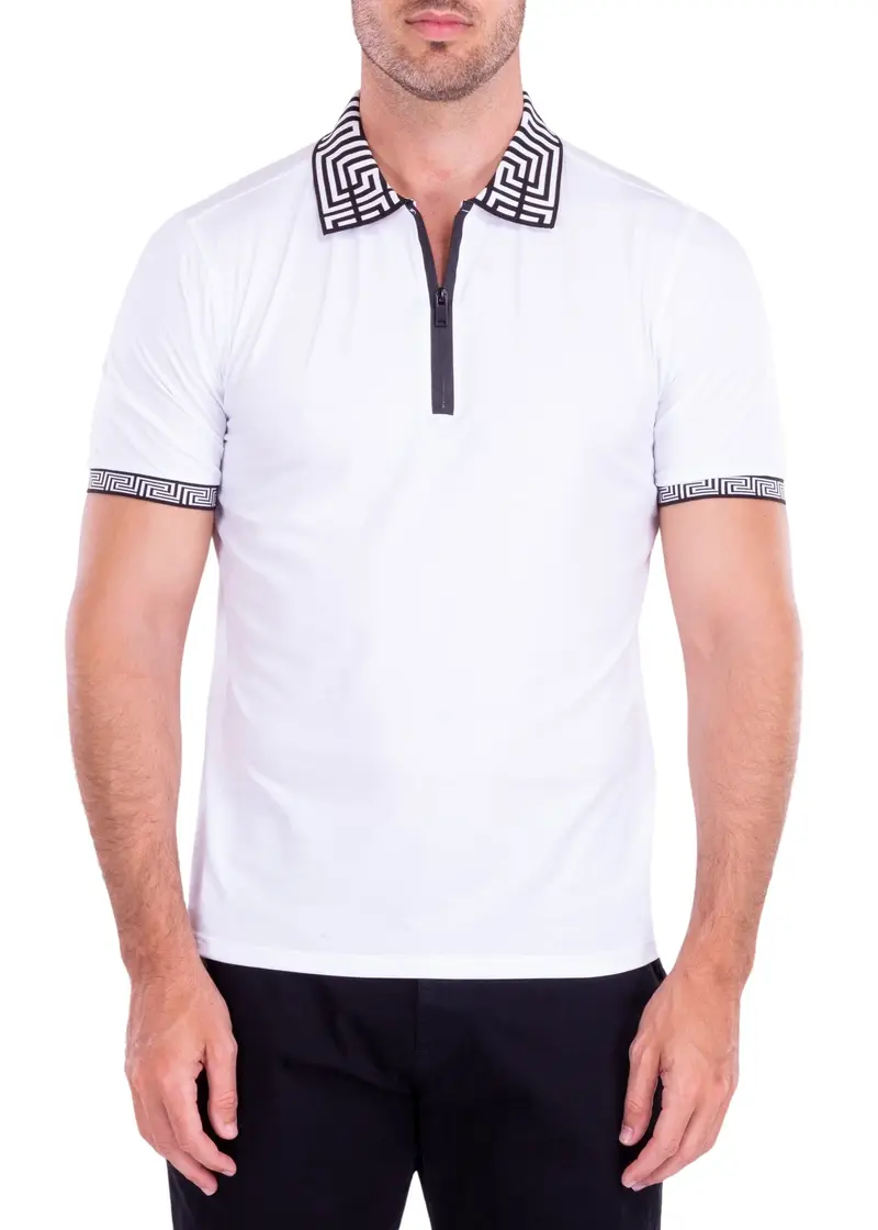 221801 White Greek Key Trim Zipper Polo Shirt Solid