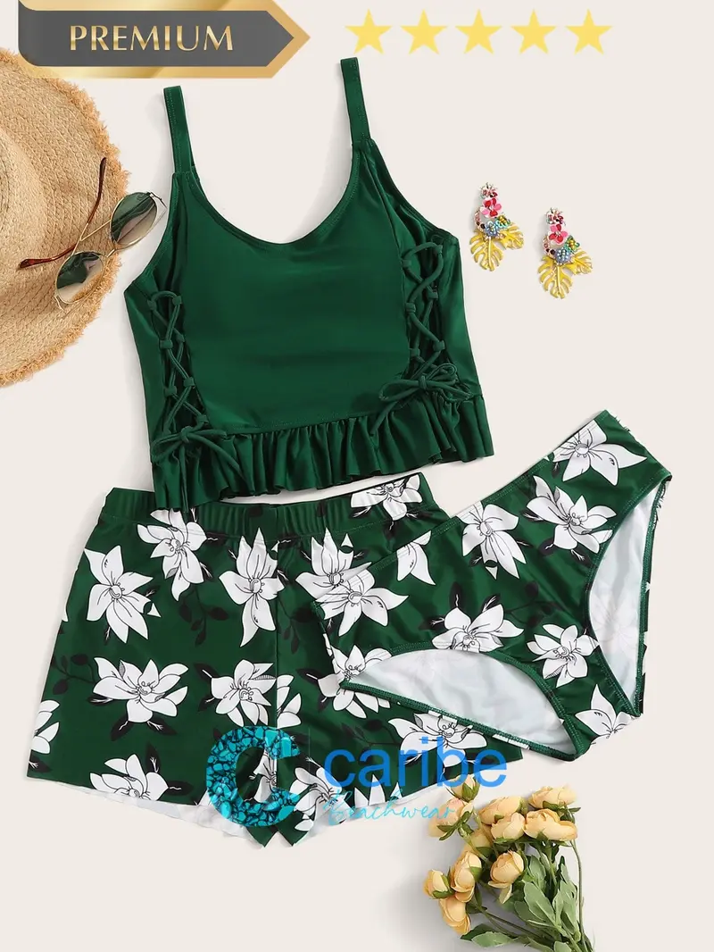 3 piezas bañador bikini bajo fruncido floral
