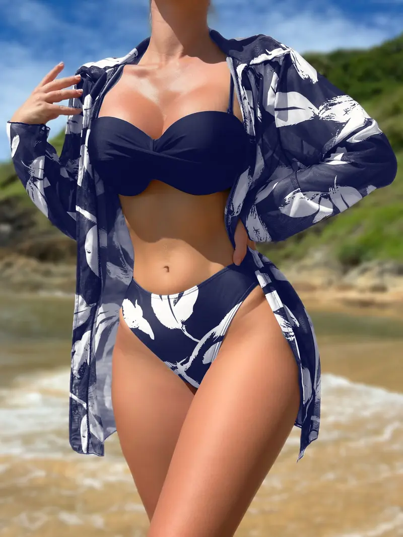 3 piezas Bañador bikini bandeau con estampado de planta push up