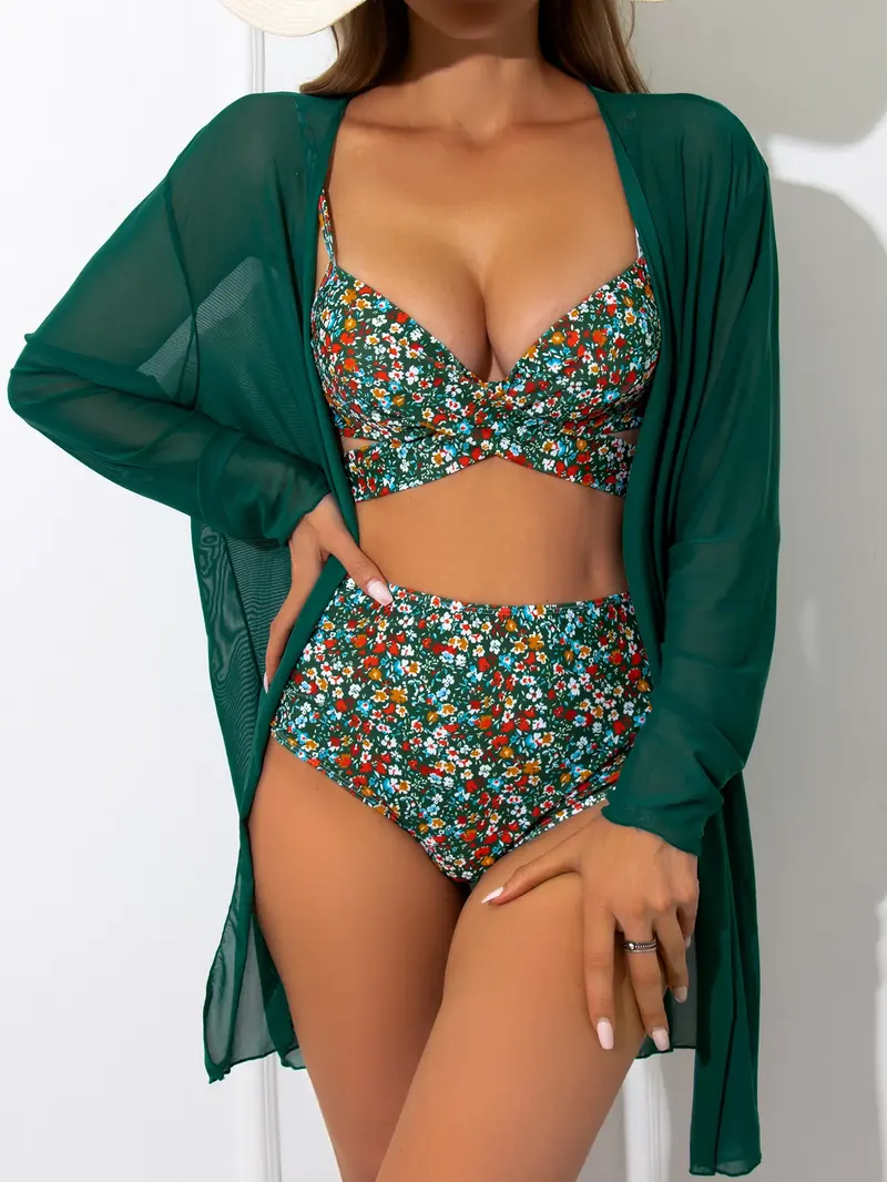 3 piezas Bañador bikini floral con tira cruzada push up de talle alto