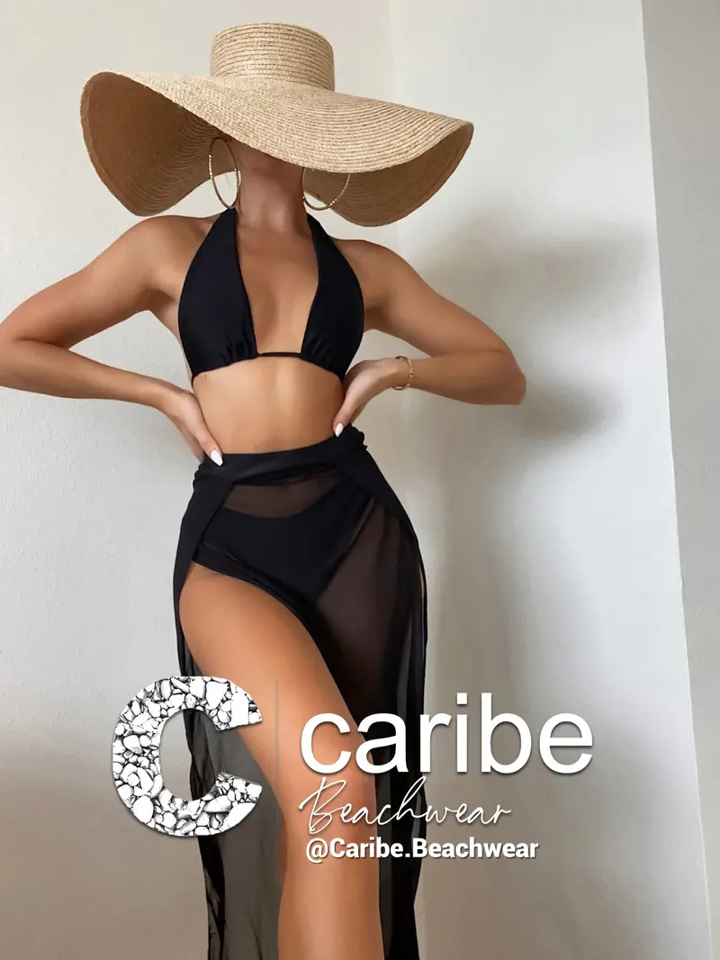 3 piezas Bañador bikini halter unicolor & Falda de pareos