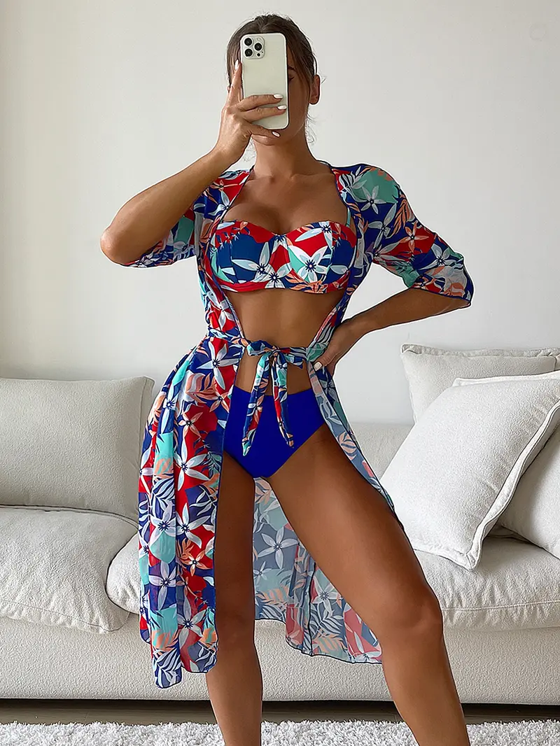 3 piezas Bañador bikini push up con estampado al azar & Kimono