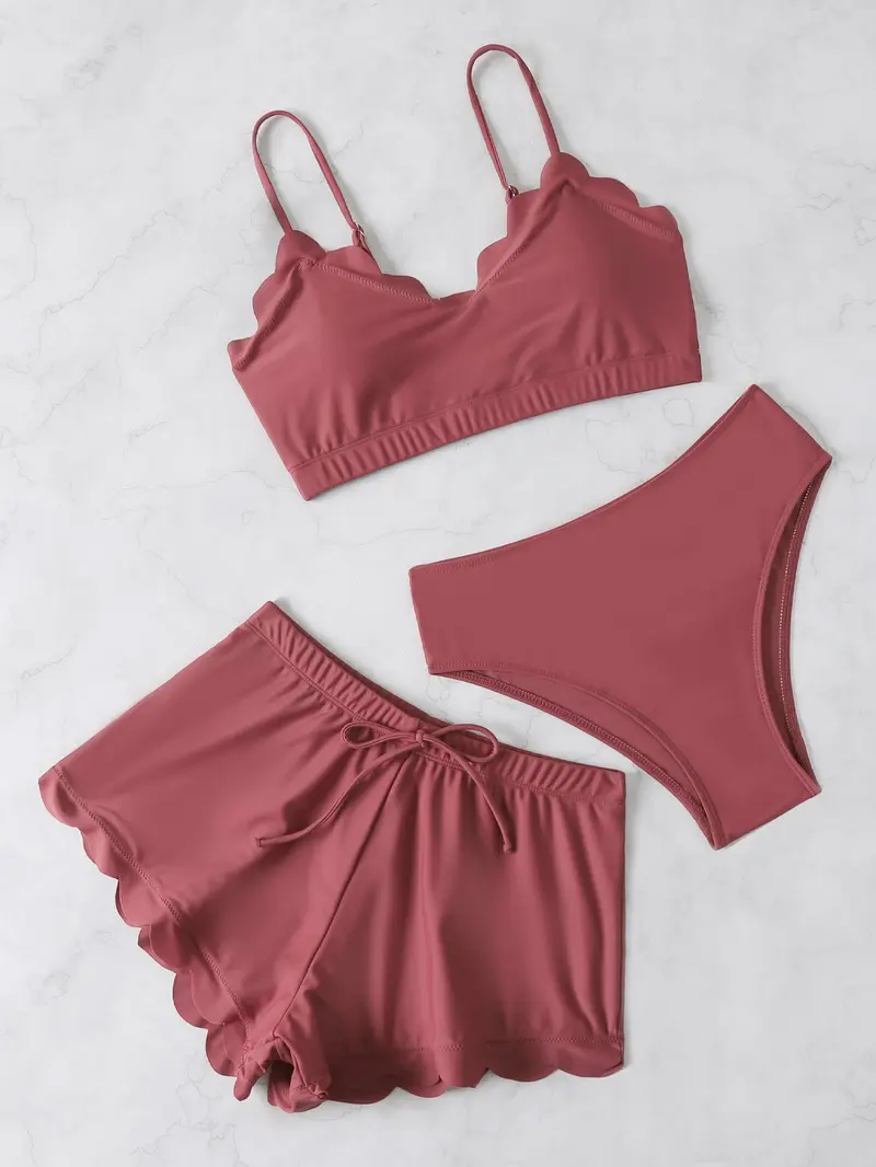 3 piezas bañador bikini ribete en abanico con shorts de natación