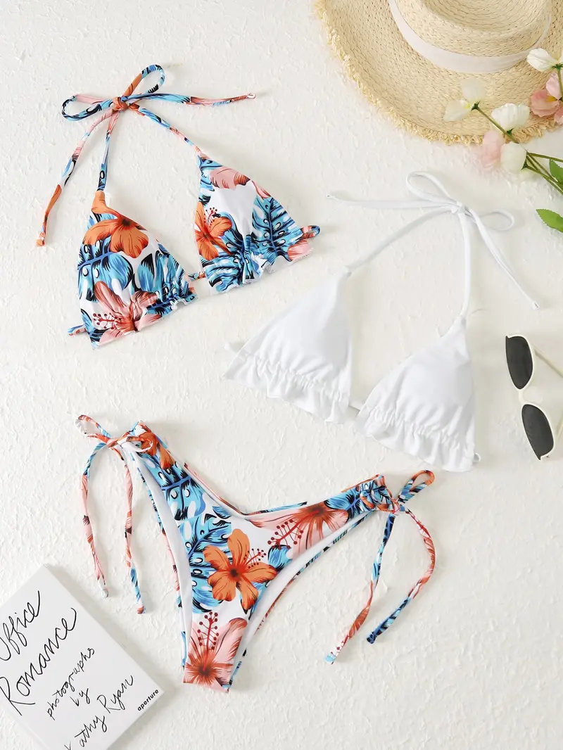 3 piezas Bañador bikini triángulo halter con estampado tropical