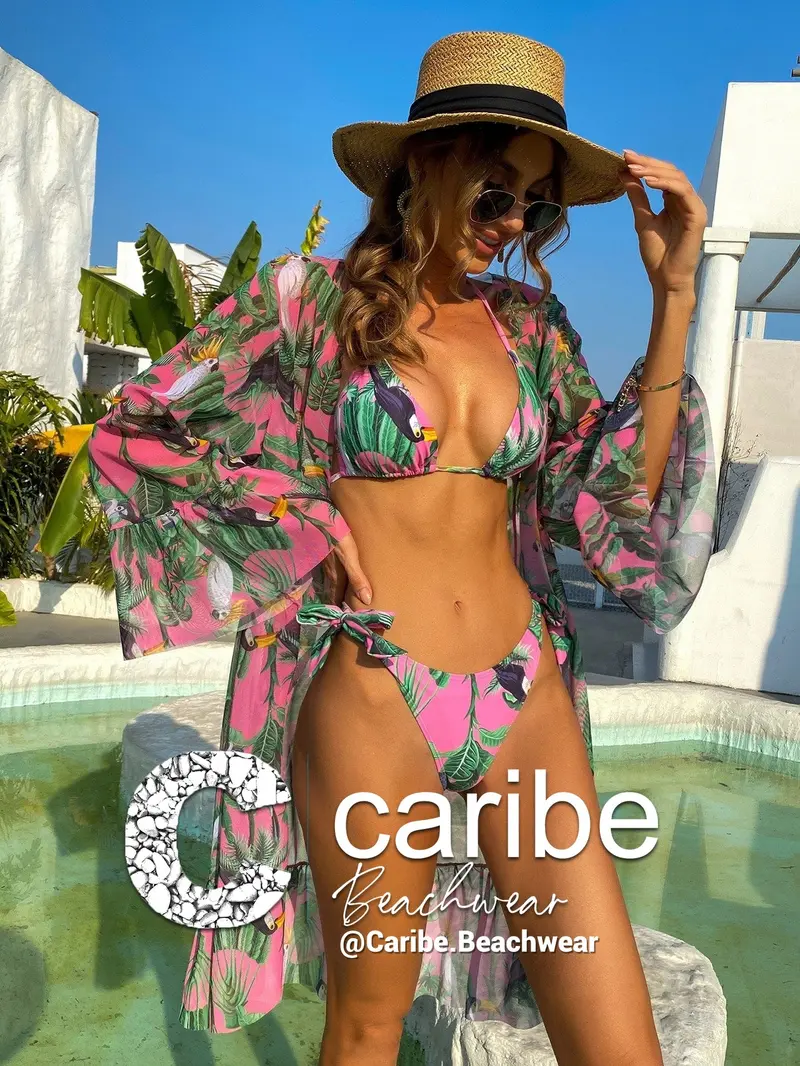 3 piezas Bañador bikini tropical triángulo con Kimono