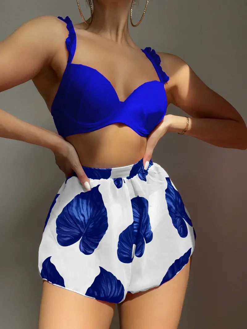 3 piezas con estampado de hoja Bañador bikini push up & cover up Shorts