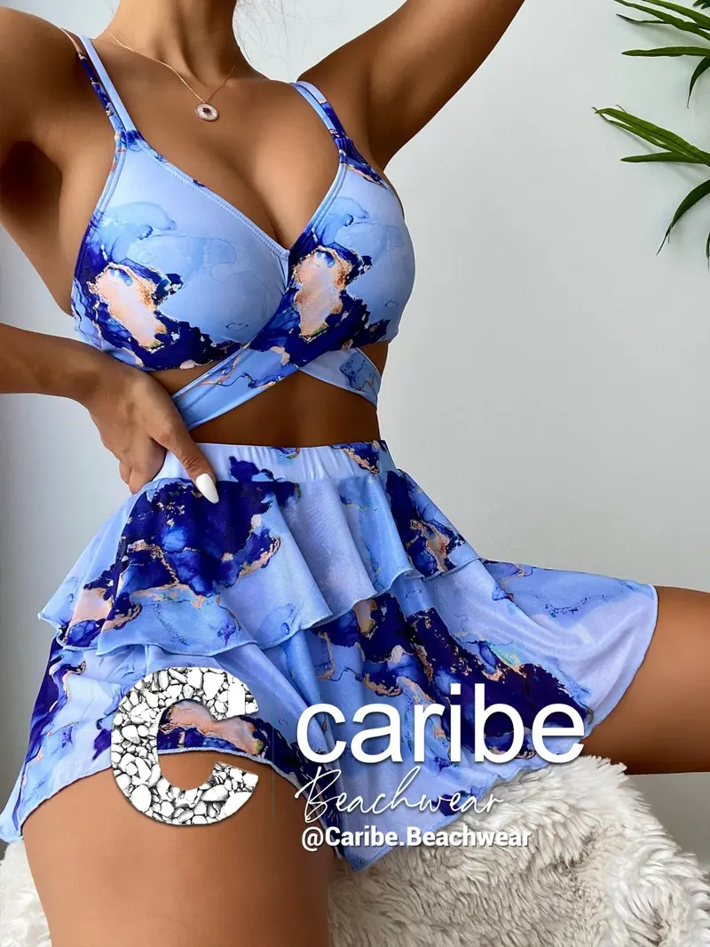 3 piezas con estampado de mármol Bañador bikini cruzado & Falda de playa