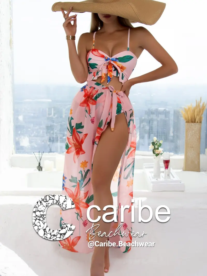 3 piezas con estampado floral bajo con fruncido Bañador bikini & Bañador de playa