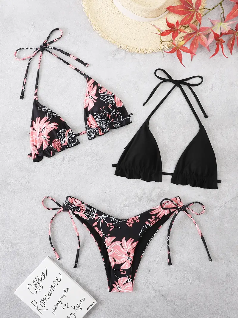 3 piezas con estampado floral Bañador bikini triángulo halter & Top bikini