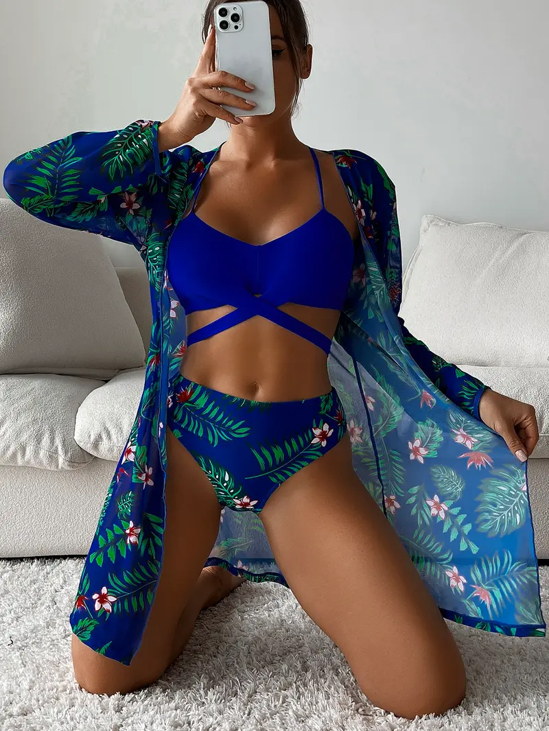 3 piezas con estampado tropical Bañador bikini cruzado & Kimono