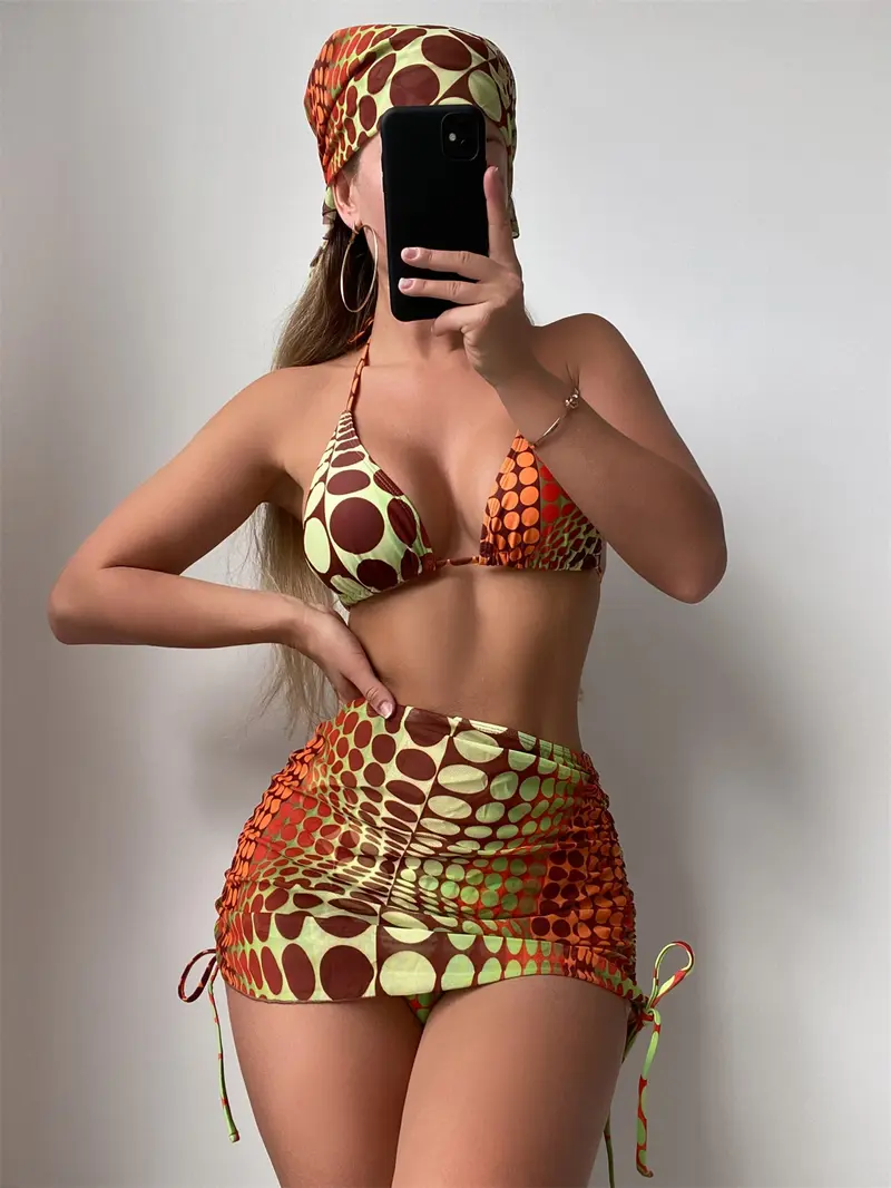 4 piezas Bañador bikini halter al azar con estampado de lunares con cordón lateral