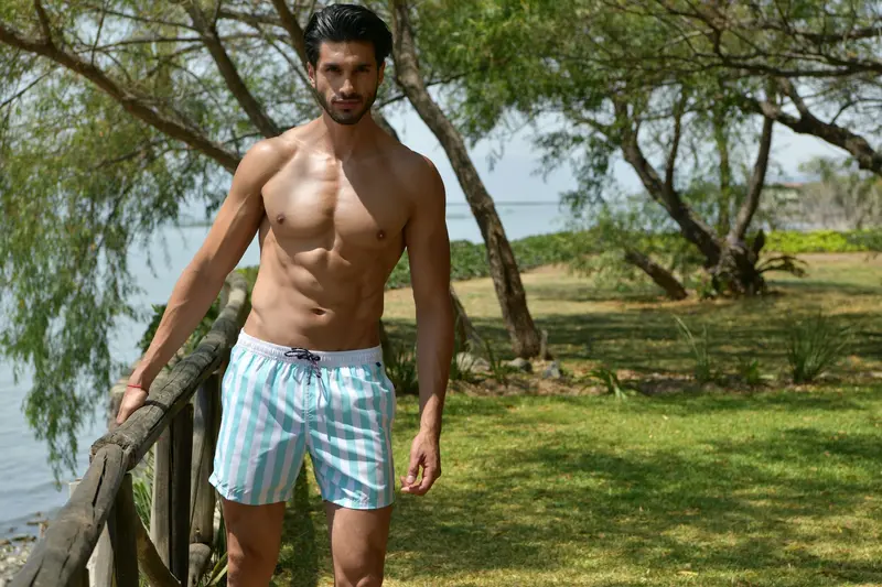 Aruba-07 Men's Stripes Quick Dry Swim Trunks Blue & White