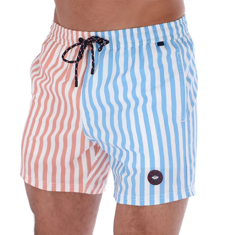 Aruba-15 Men's Stripes Quick Dry Swim Trunks White Blue & Peach