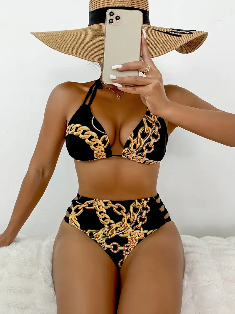 Bañador bikini al azar con estampado de cadena triángulo de talle alto