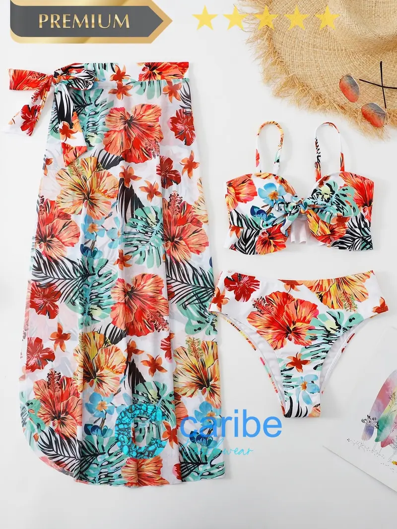 Bañador bikini al azar con estampado tropical bajo con fruncido con nudo delantero con falda de playa