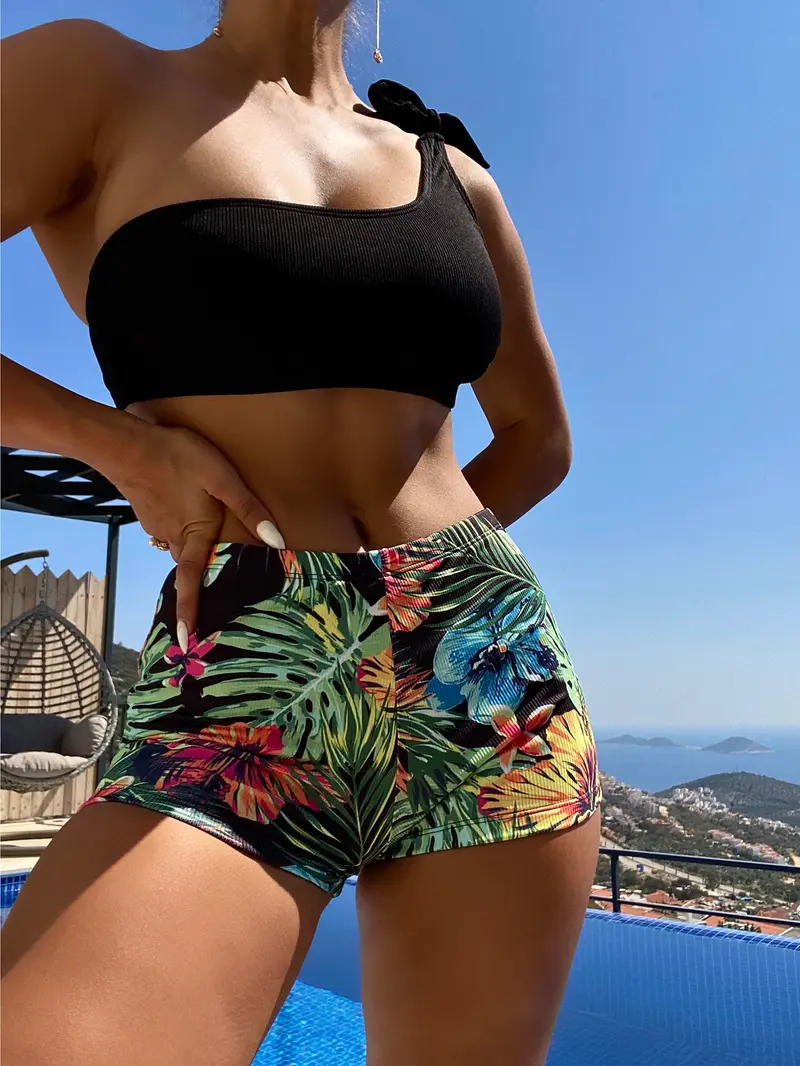 Bañador bikini al azar con estampado tropical de un hombro