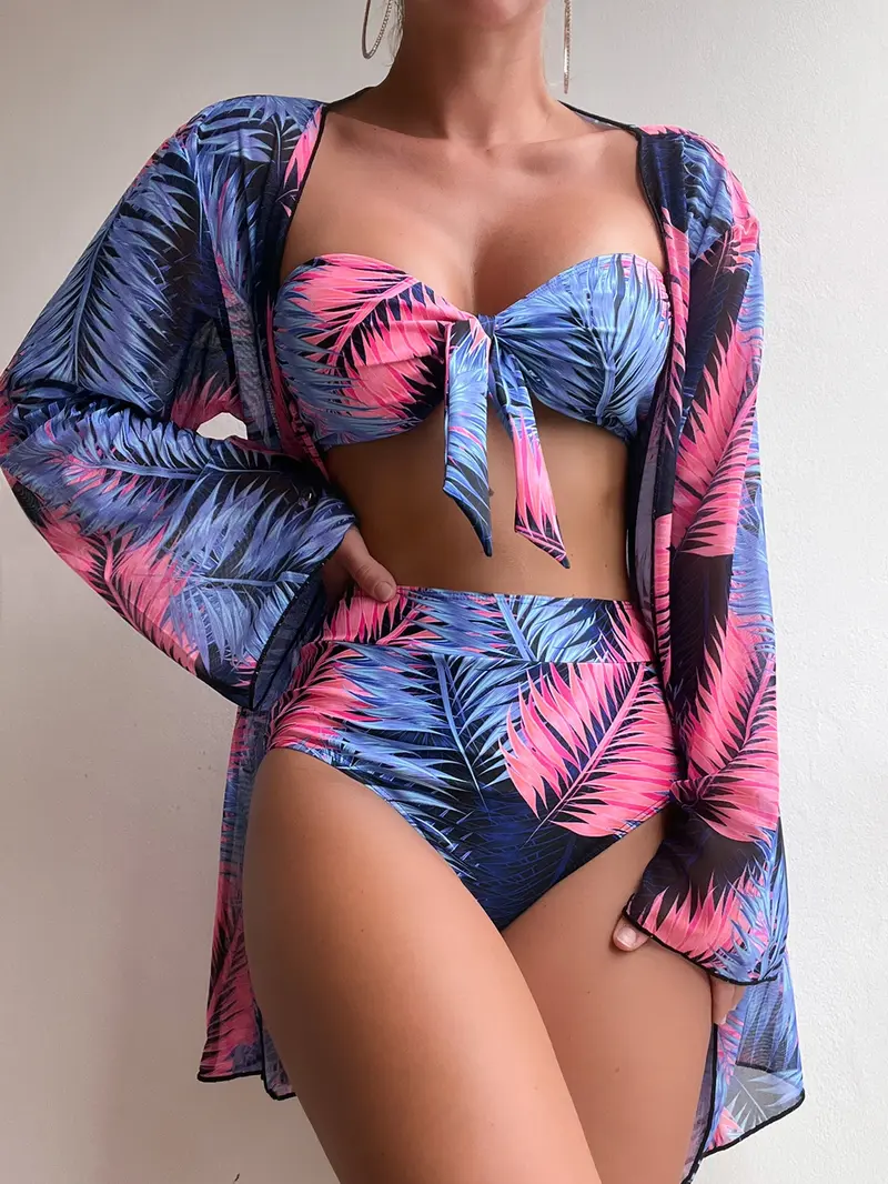 Bañador bikini bandeau con estampado tropical con nudo delantero con kimono