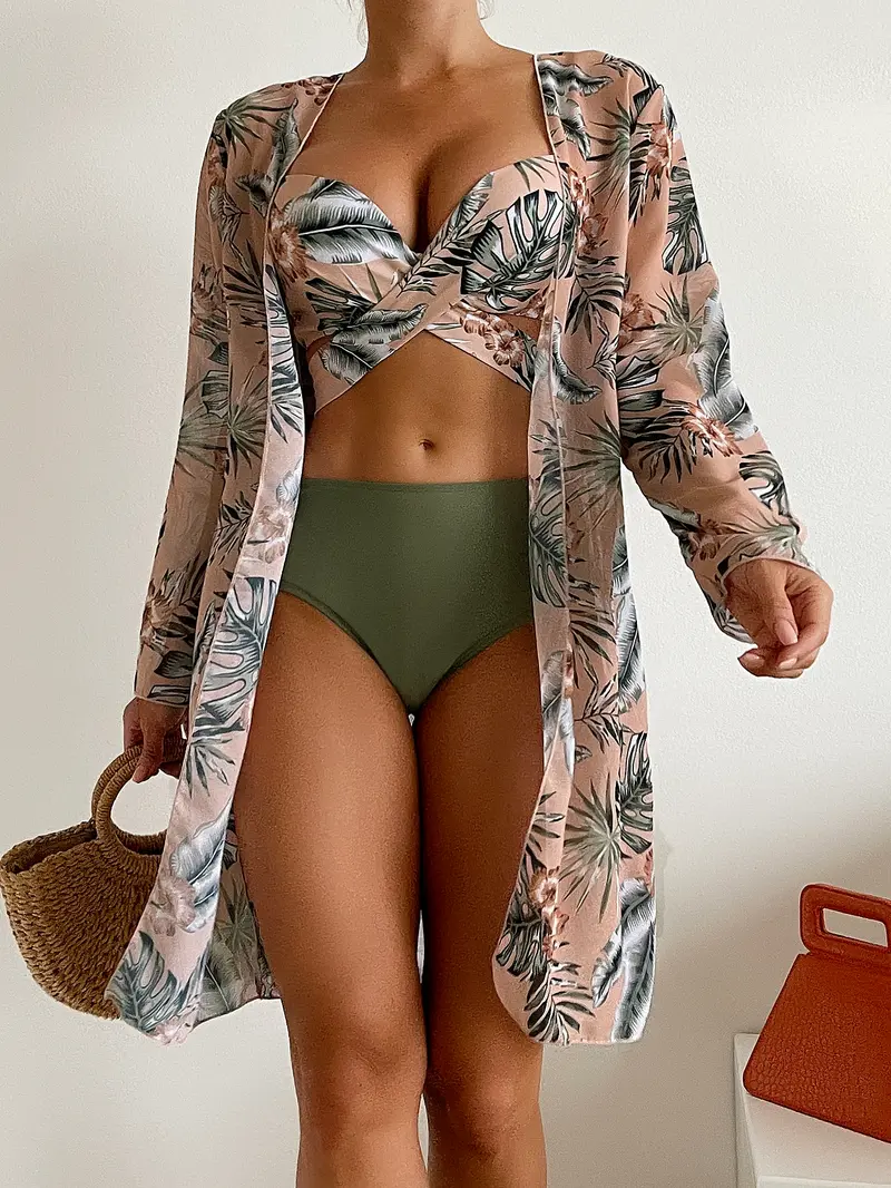 Bañador bikini con aro con estampado tropical cruzado con cover up
