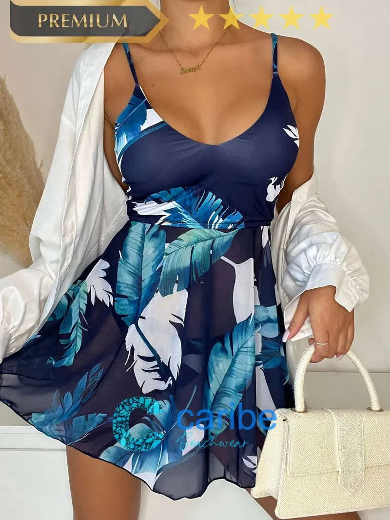 Bañador bikini con estampado de hoja bajo con volante