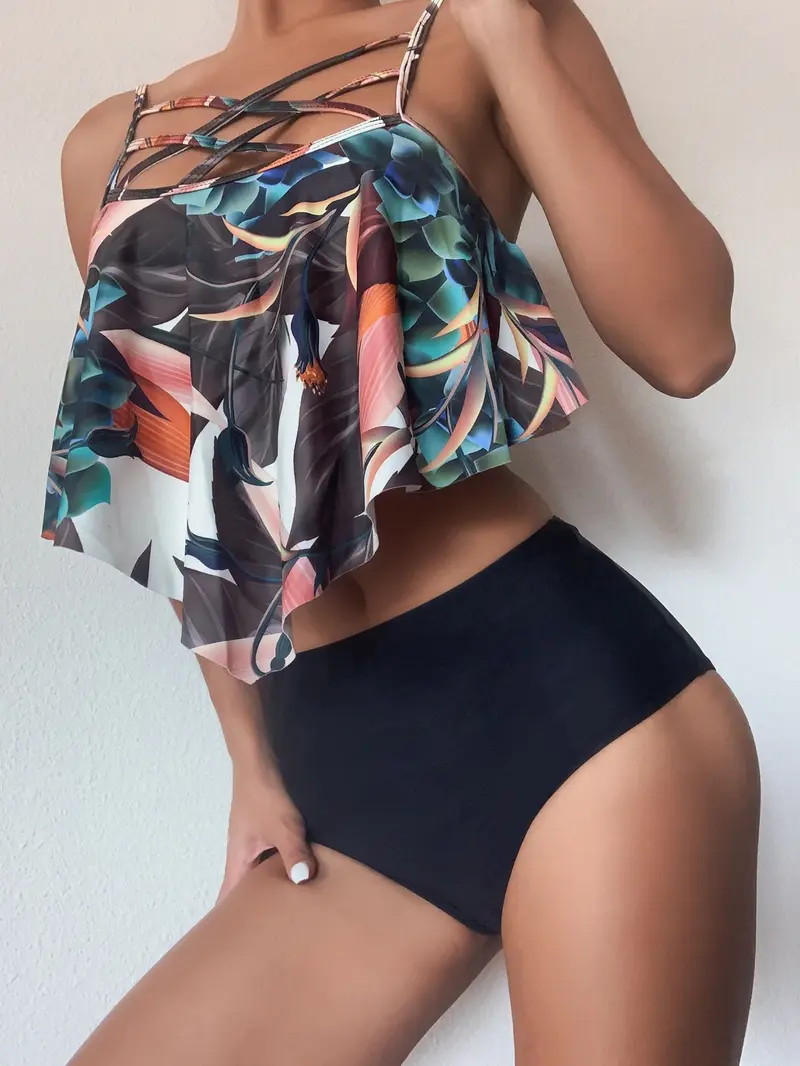 Bañador bikini con estampado de planta con tira cruzada bajo hanky