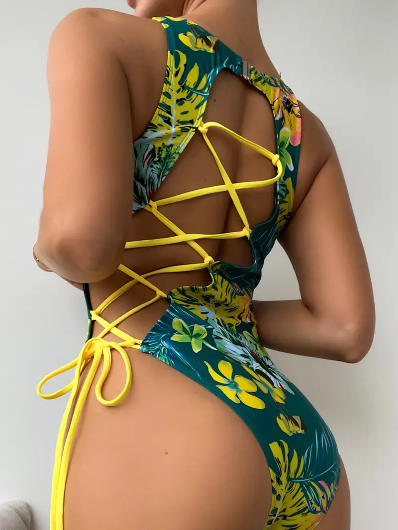Bañador una pieza al azar con estampado tropical de espalda con cordón
