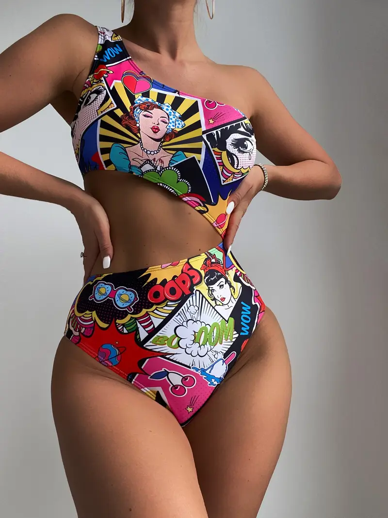 Bañador una pieza al azar estampado de arte pop con abertura de un hombro