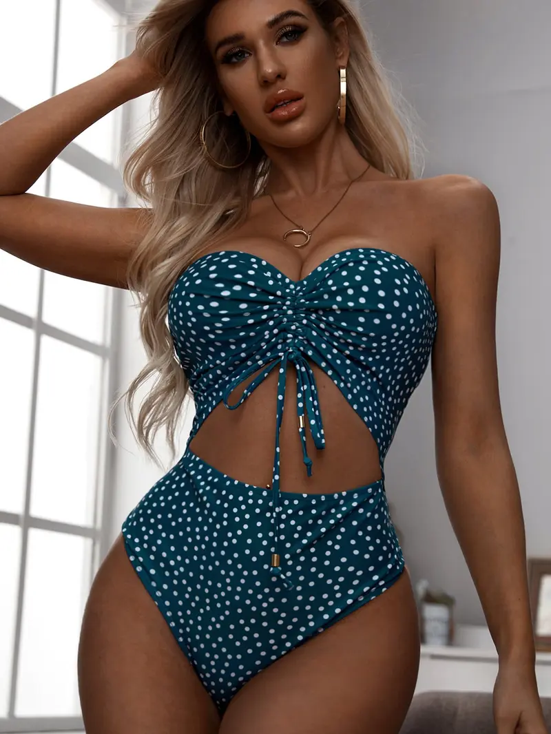 Bañador una pieza bandeau con cordón con estampado de lunares
