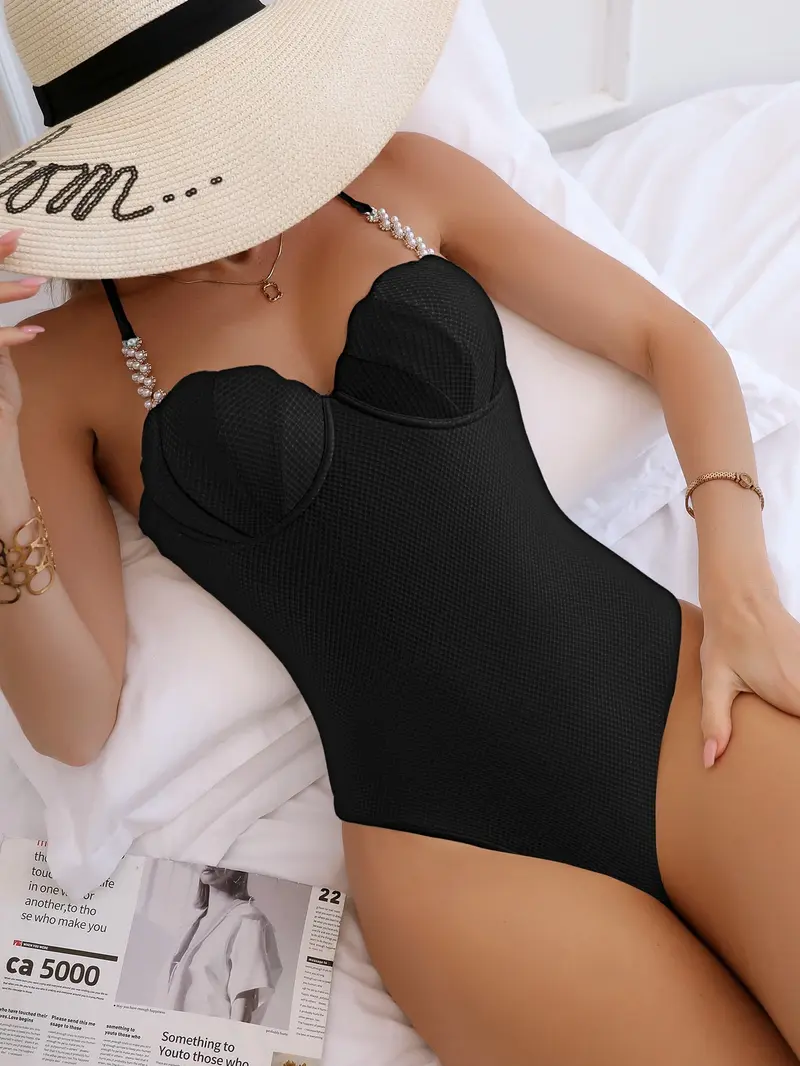 Bañador una pieza con diseño de perla de espalda abierta con cordón ribete en abanico