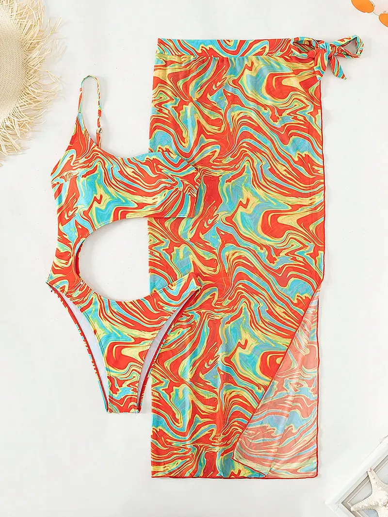 Bañador una pieza con estampado con abertura con falda de playa