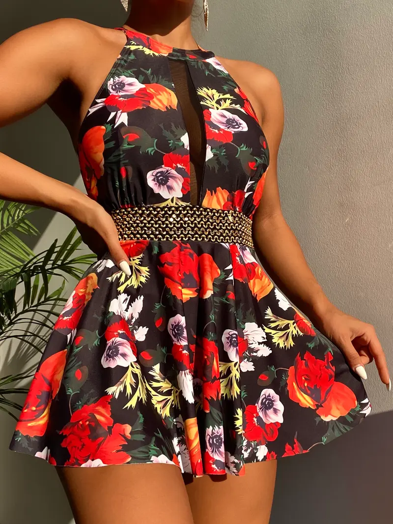 Bañador una pieza con estampado floral con cinta en contraste