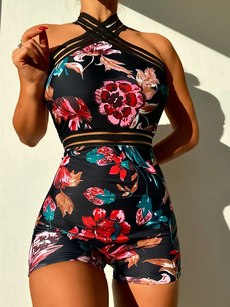 Bañador una pieza con estampado floral de malla en contraste