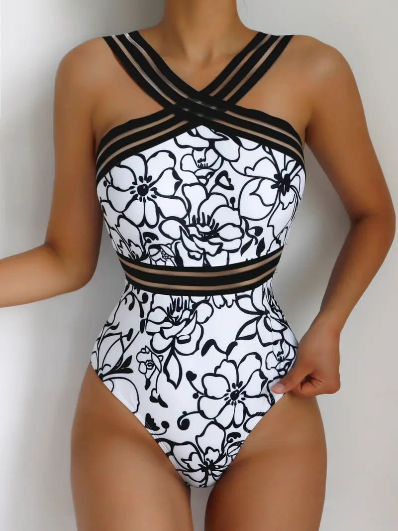 Bañador una pieza con estampado floral de malla en contraste