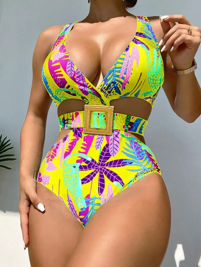 Bañador una pieza con estampado tropical con abertura con cinturón