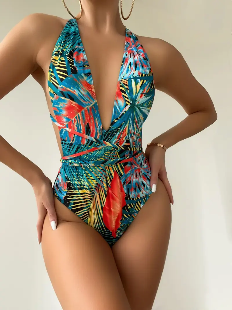 Bañador una pieza con estampado tropical con tira cruzada con cordón