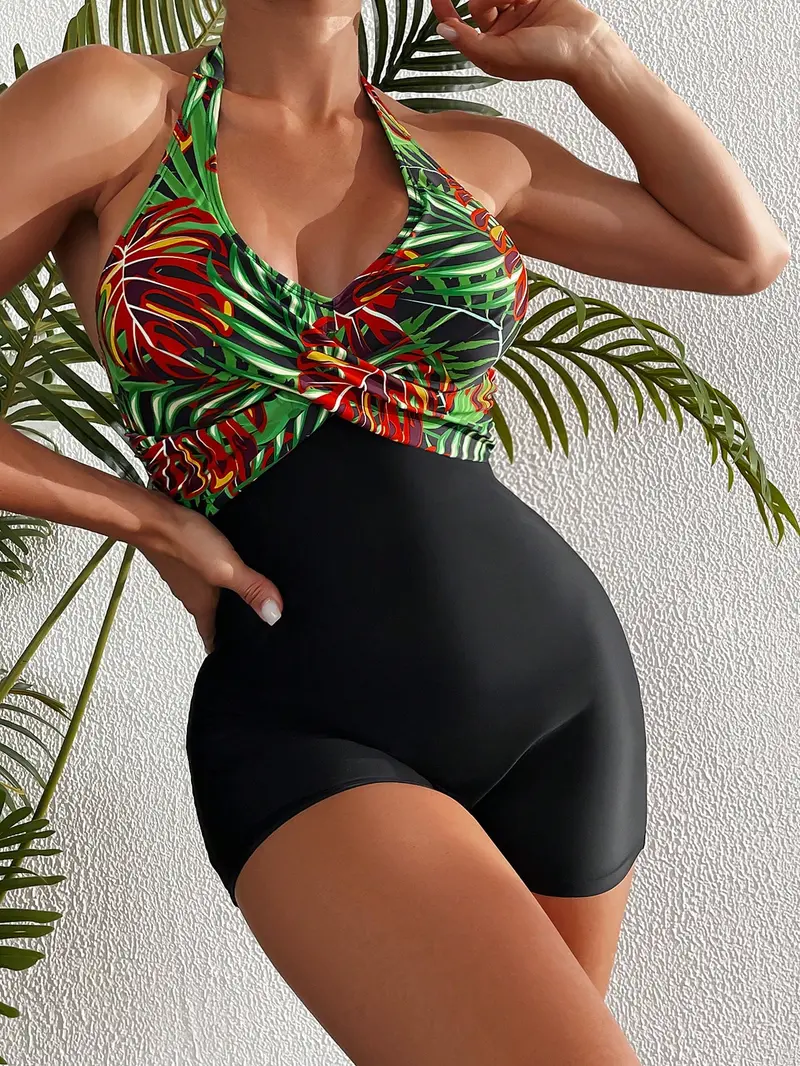 Bañador una pieza con estampado tropical girante delantero halter