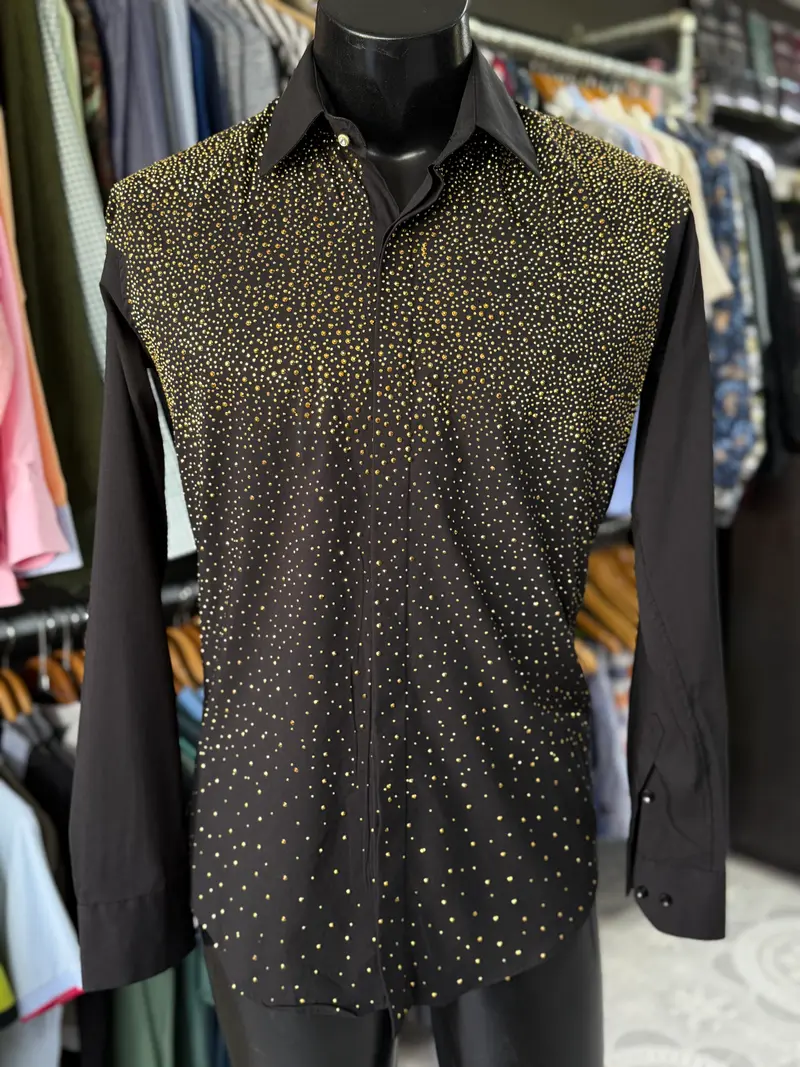 Black & Gold Rhinestone Dress Shirt | XLF 30 Black