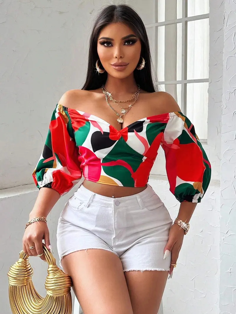Blusa corta con estampado floral, hombros descubiertos y mangas abullonadas para ropa de Año Nuevo, tops de manga corta