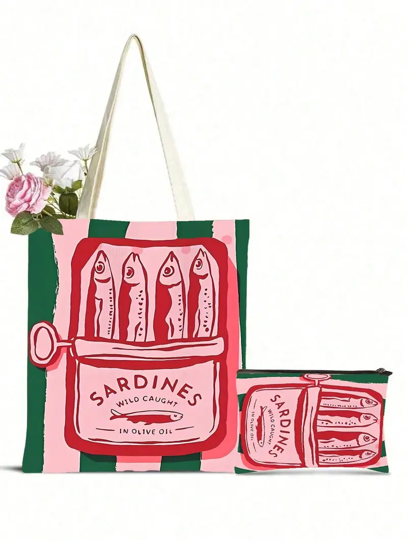 Bolso con bolsa de cosméticos de poliéster con estampado de lata de sardinas de correa de hombro fija