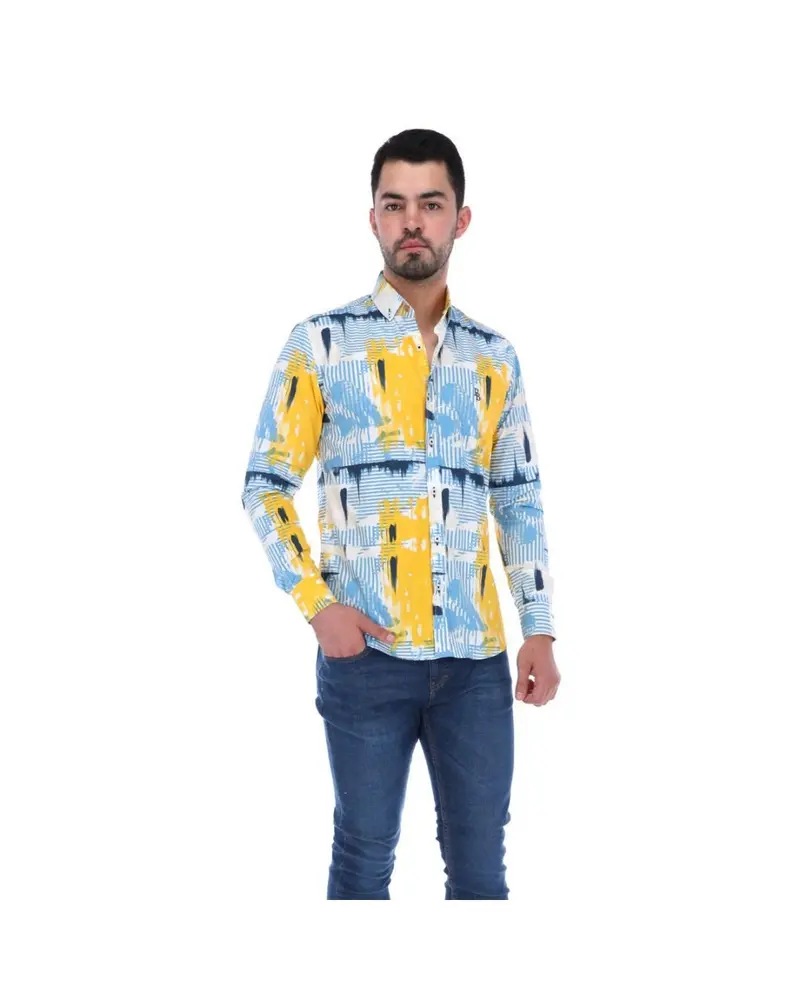 C-1653 Men's Abstract Long Sleeve Button Down Shirt Blue Yellow & White