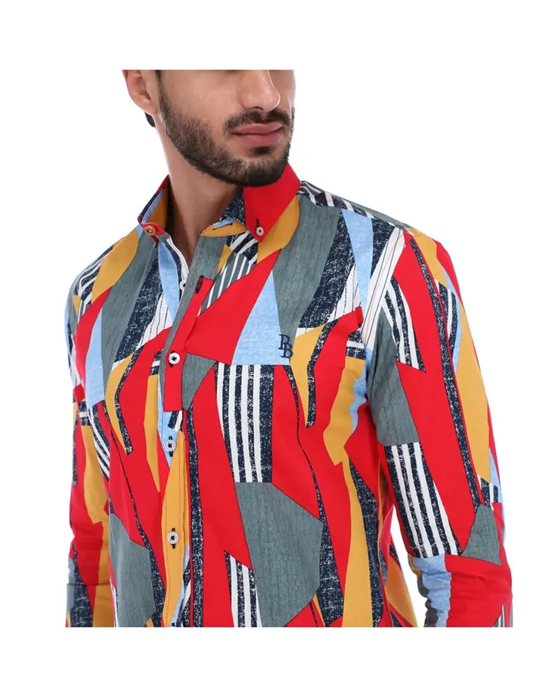 C-1659 Men's Abstract Long Sleeve Button Down Shirt White Red & Blue