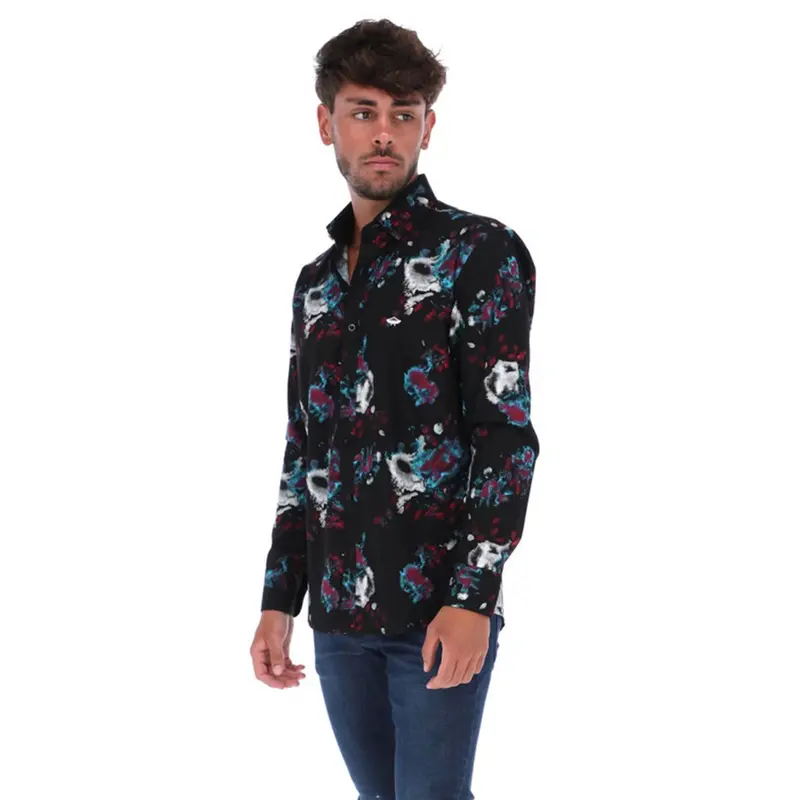 C-1766 Men's Print Long Sleeve Classic Button Down Shirt Black Blue & Pink