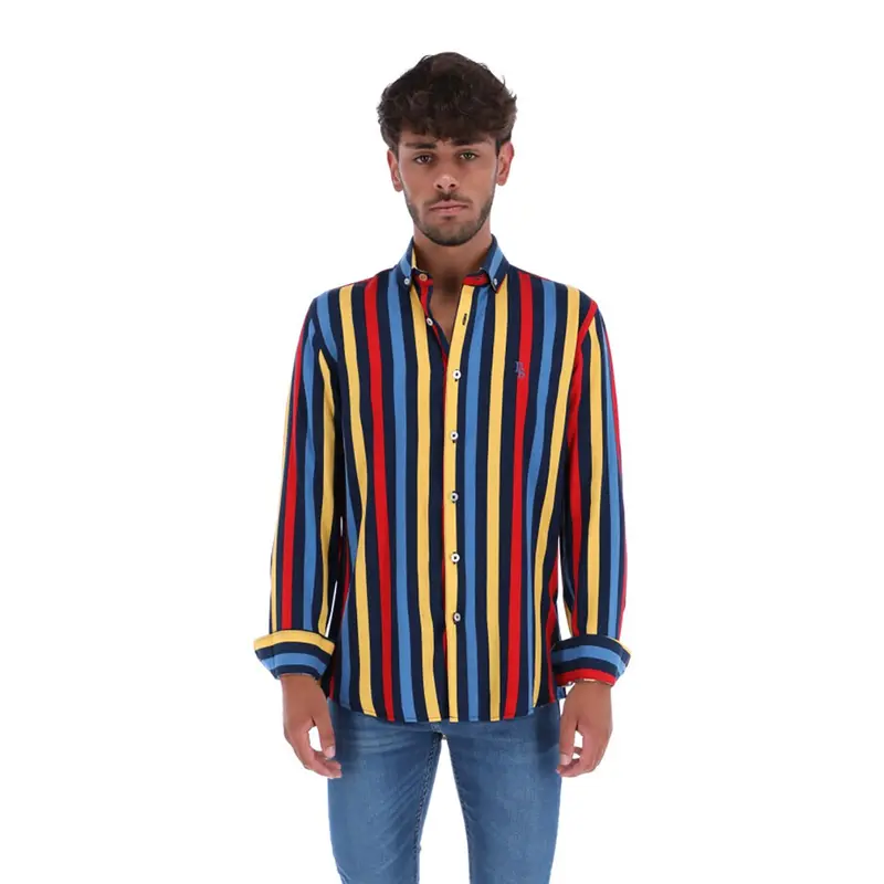 C-1847 Men's Stripes Long Sleeve Button Down Shirt Red Yellow & Blue