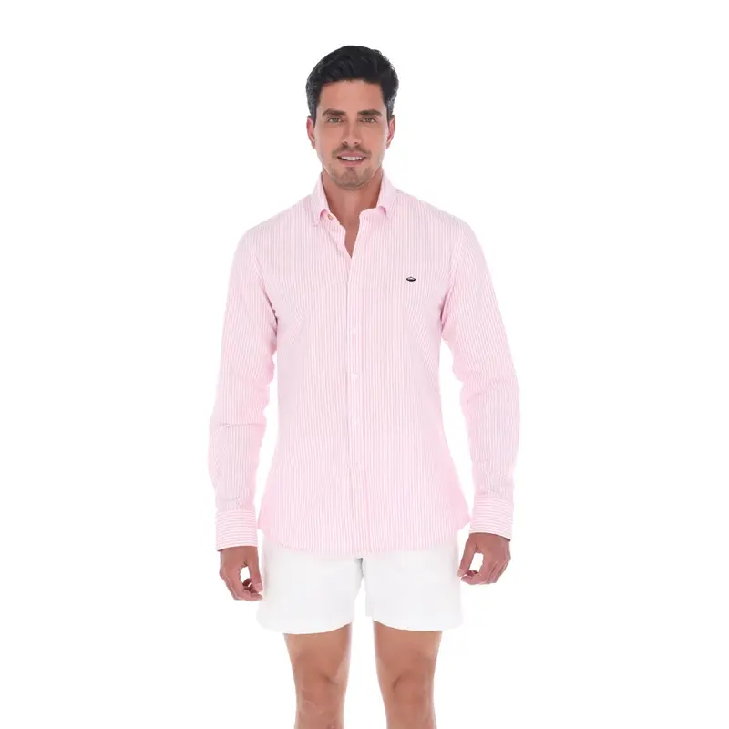 Camisa Casual De Caballero de Lineas Color Blanco y Rosa  | C-2275